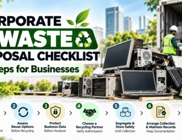 Corporate e-waste disposal checklist showing seven steps for responsible electronic waste management in India